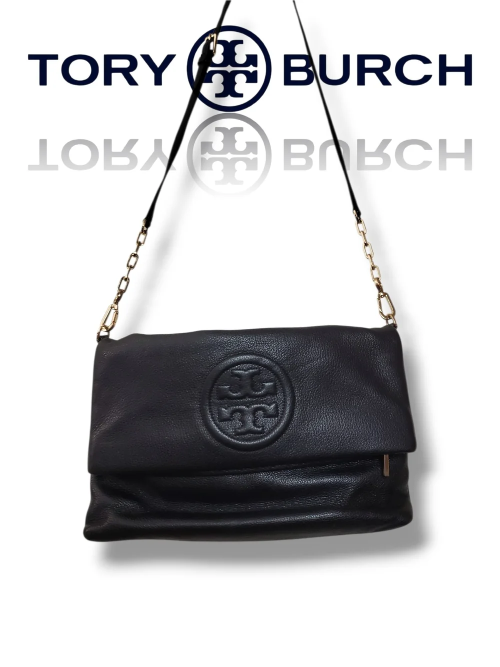Tory Burch Black Pebbled Leather Amanda Foldover 2 Way Crossbody Messenger Bag
